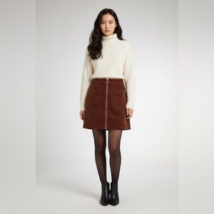 Corduroy Zip-Front A-Line Skirt in Brown